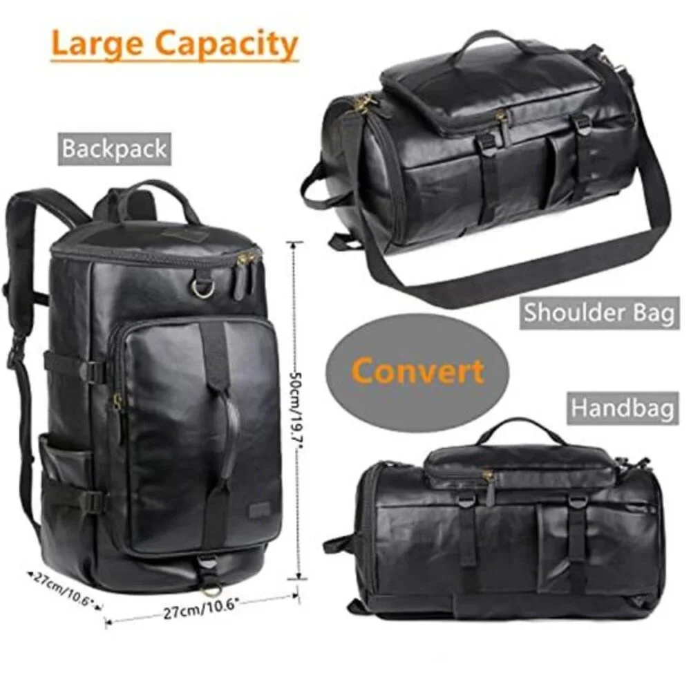 Men's Stylish Vegan Leather Weekender Travel Duffel Tote Bag Backpack